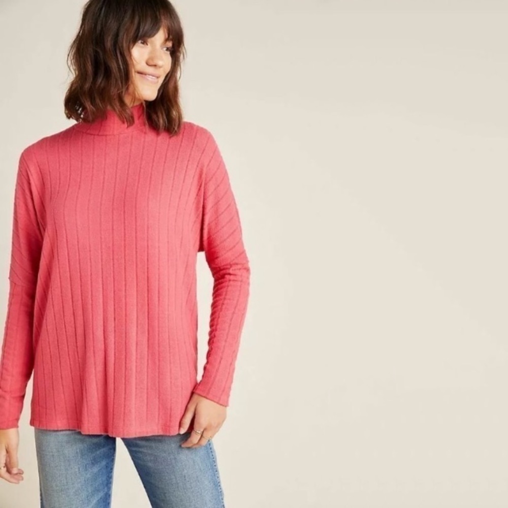 NWT Anthropologie Fiona Hacci Mock Neck Ribbed Tunic Top In Pink